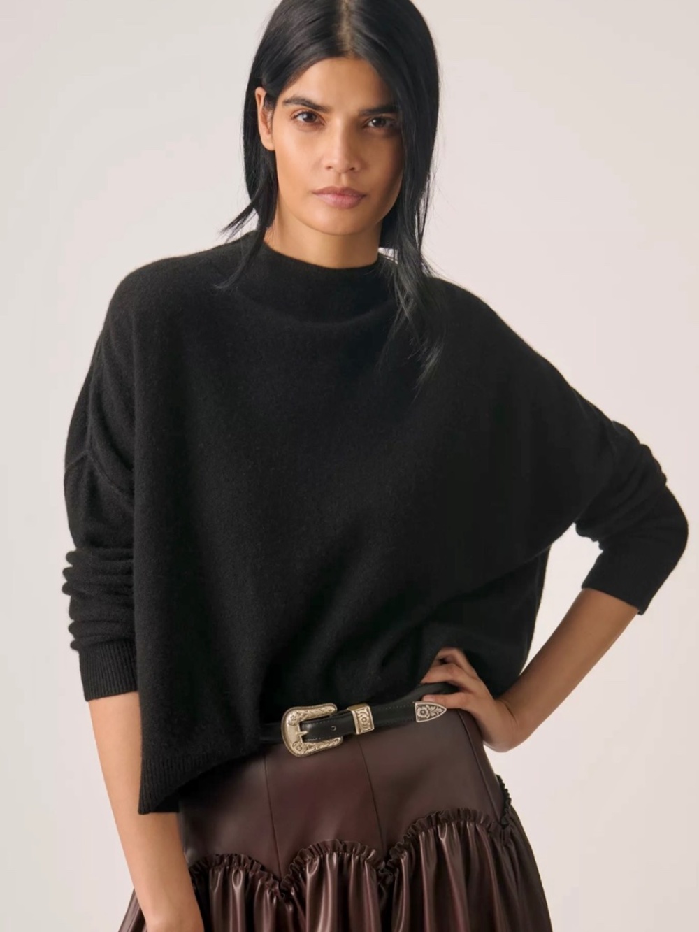 ANTHROPOLOGIE PILCRO Alani 100% Cashmere Cropped Mock Neck Sweater Black -S
